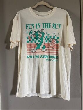 Fun In The Sun Palm Springs Graphic Tee - Cream with Teal & Coral Print